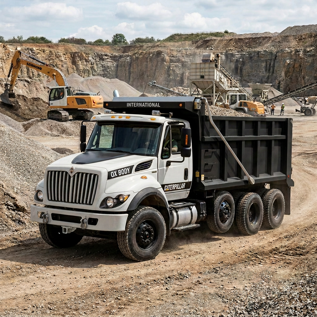 white Caterpillar CT 660 dump truck carrying gravel in a quarry with excavators and machinery in the background