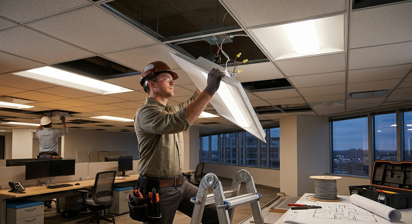 Electrician on ladder installing LED ceiling light panel in office drop ceiling