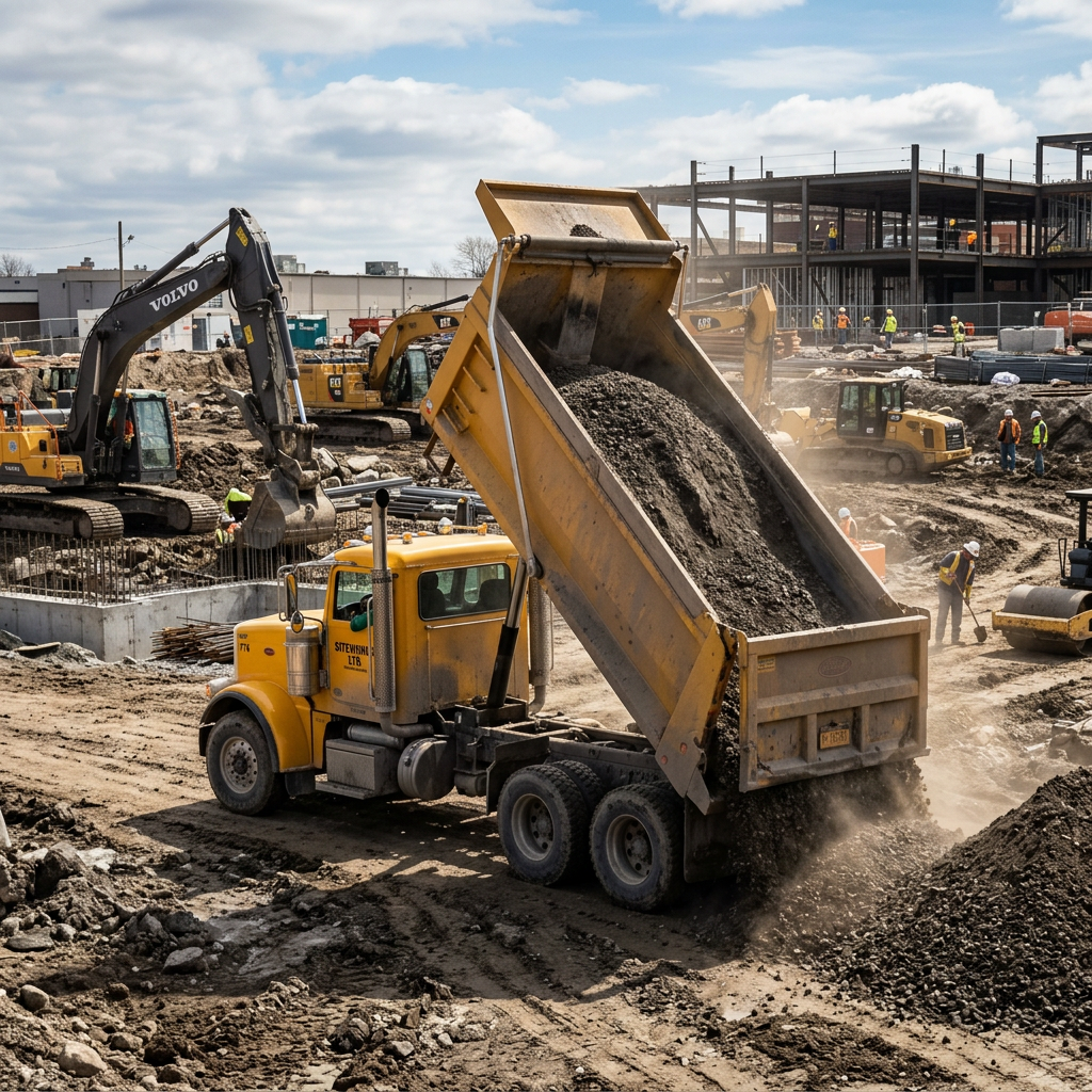 Yellow dump truck unloading gravel with excavators and construction workers in background